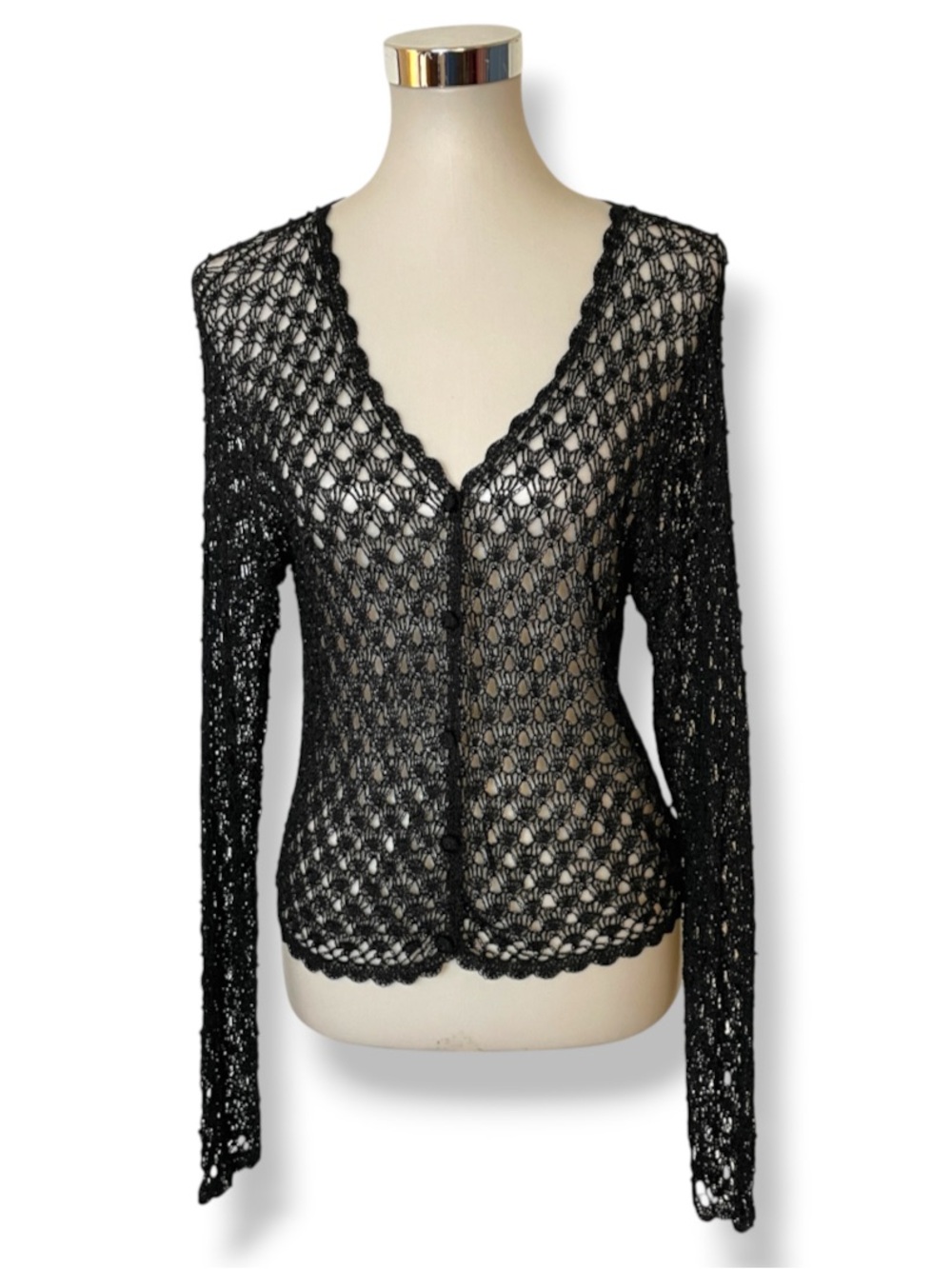 Black Open Crochet Beaded Cardigan